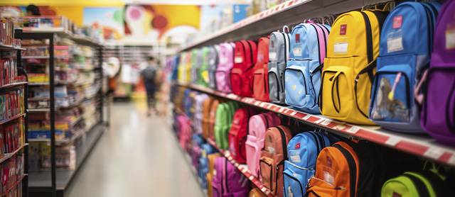 mochilas enfileiradas na prateleira de uma papelaria